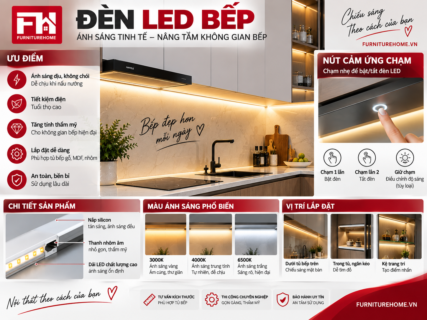 Đèn LED âm tủ bếp kết hợp nút cảm ứng chạm bật tắt