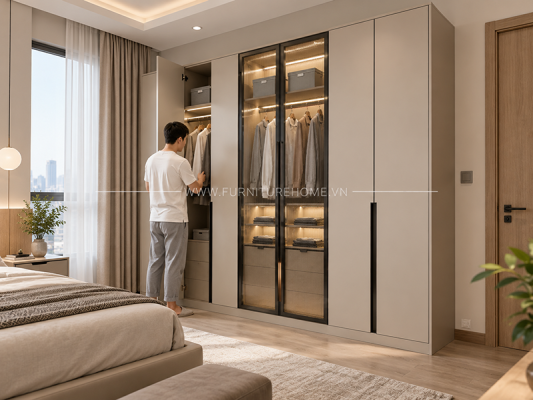 tủ áo kính phối gỗ FHTCKCG008