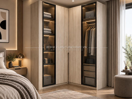 Tủ Cánh Kính Khung Gỗ Góc L