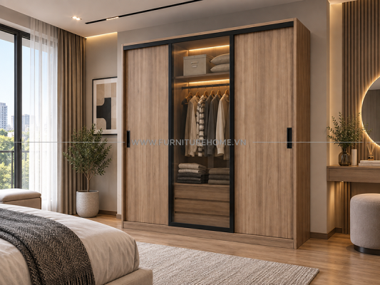 Tủ Quần áo Cánh Kính Khung Nhôm Kết Hợp Cánh Gỗ