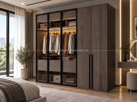 Tủ Quần áo Cánh Kính Kết Hợp Cánh Gỗ Fhtckcg006