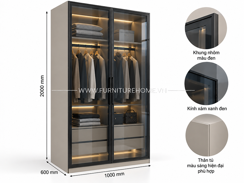 Tủ Quần áo Kính 1m Phòng Ngủ Nhỏ Tủ Quần áo Kính 1m Phòng Ngủ Nhỏ