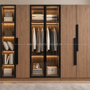 Tủ Quần áo Kính Khung Nhôm Kết Hợp Cánh Gỗ