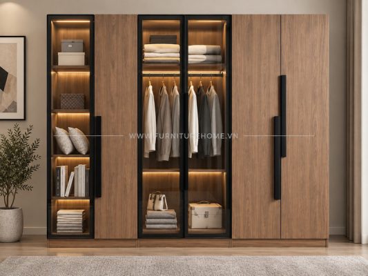 Tủ Quần áo Kính Khung Nhôm Kết Hợp Cánh Gỗ