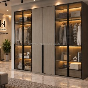 Tủ Quần áo Kính Khung Nhôm Kết Hợp Cánh Gỗ