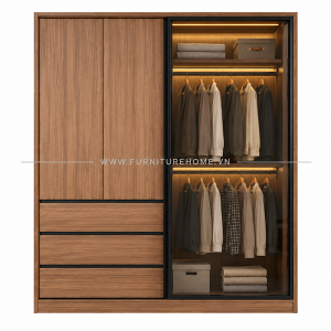 Tủ Quần áo Kính Khung Nhôm Kết Hợp Cánh Gỗ