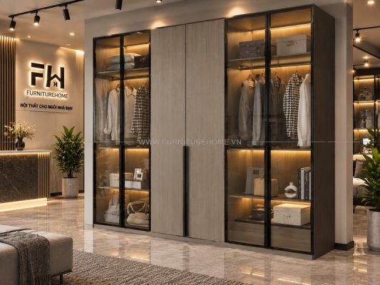 Tủ Quần áo Kính Khung Nhôm Kết Hợp Cánh Gỗ