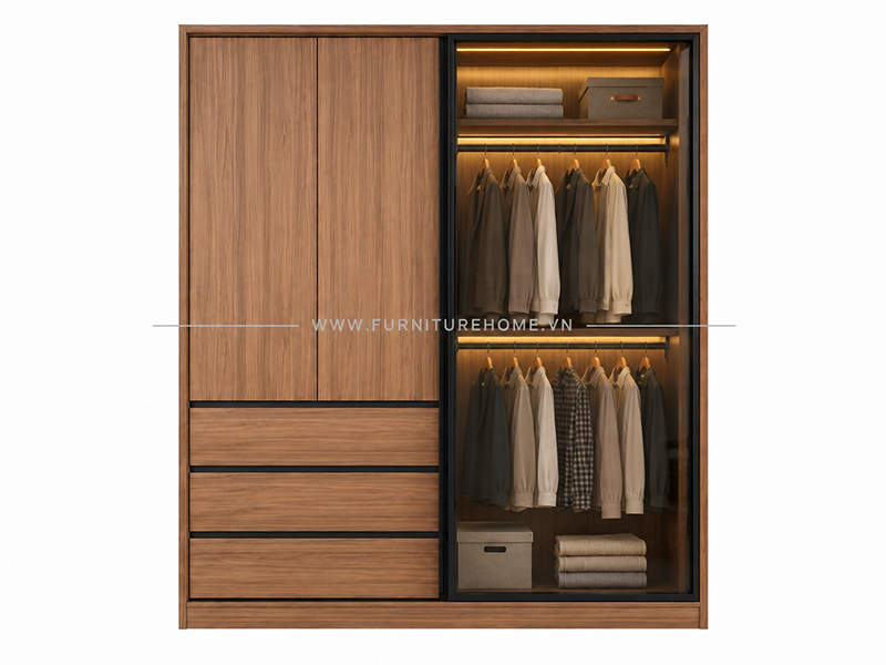 Tủ Quần áo Kính Khung Nhôm Kết Hợp Cánh Gỗ Tủ Quần áo Kính Khung Nhôm Kết Hợp Cánh Gỗ