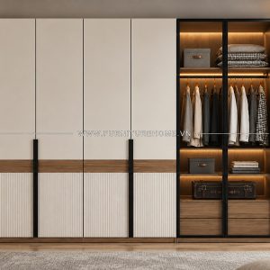 Tủ Quần áo Kính Khung Nhôm Kết Hợp Gỗ