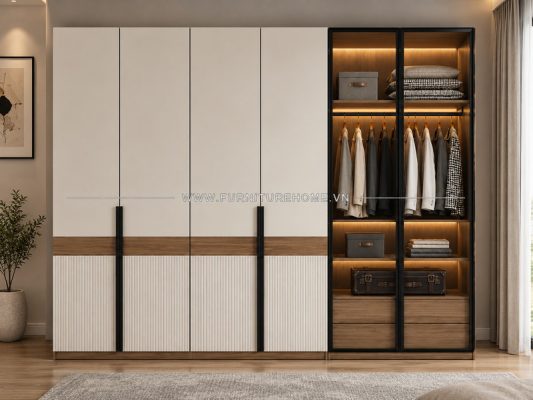 Tủ Quần áo Kính Khung Nhôm Kết Hợp Gỗ
